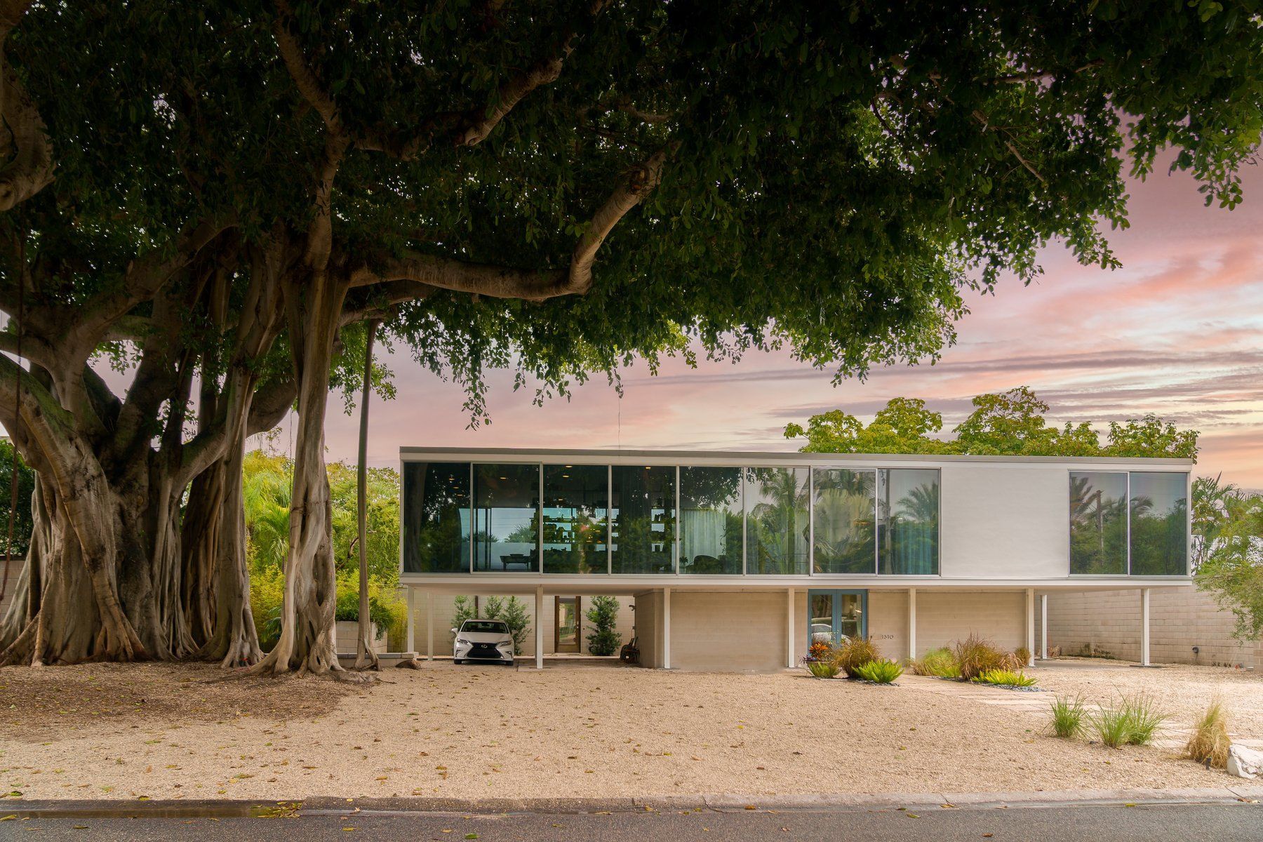 Luxury modern waterfront home at sunset, Sarasota